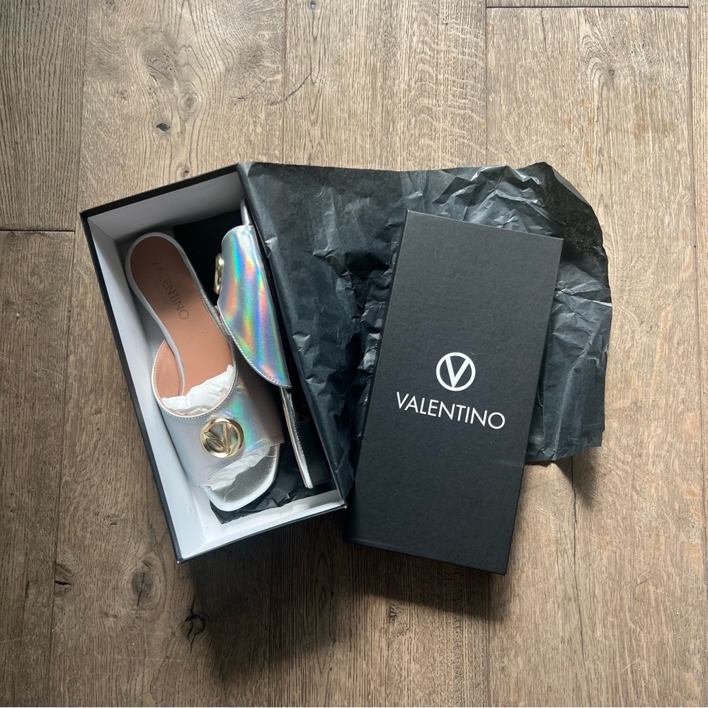 Valentino Metallic Silver Heels w Gold Logo